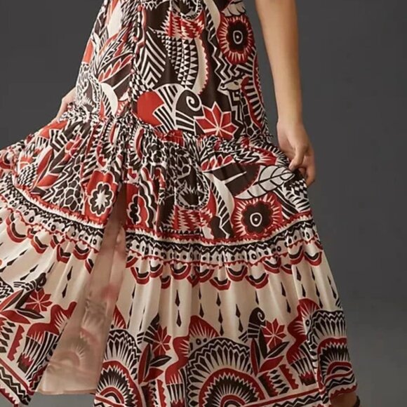 Anthropologie Tiered Maxi Dress V Neck Flutter Sleeve Southwestern Size M - Picture 4 of 11